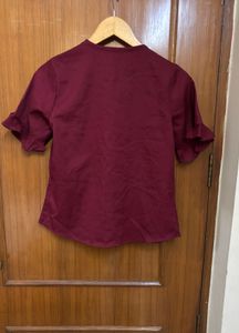 Maroon Button-Up Ruffle Sleeve Top