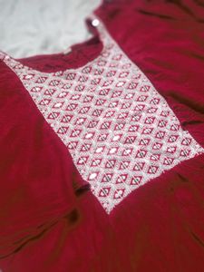 Red Ethnic Gown with White Embroidery