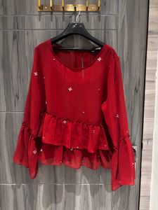 Red Embellished Ruffled Top