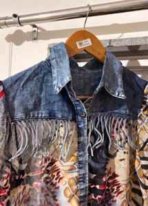 Unique Denim &amp; Print Fringe Shirt