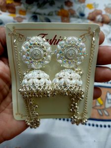 Gold-Plated Dome Shaped Stone Studded Beaded Jhumk