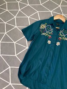 Embroidered Teal Button-Down Shirt