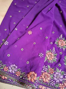 Heavy Embroidery Violet Georgette Saree