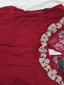 Zara Wine Red Embellished Neck Sleeveless Blouse