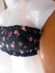 Smocked Floral Bandeau Bikini Top