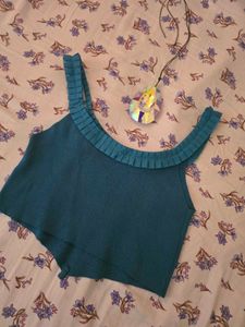 Teal Ribbed Crop Top with Ruffle Trim
