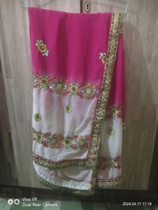 Pink & White Embroidered Saree