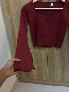Maroon Ribbed Long Sleeve Crop Top