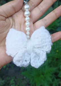 White Crochet Bow pearl bag charms