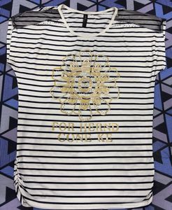 Chic Striped Top with Embellished Flower