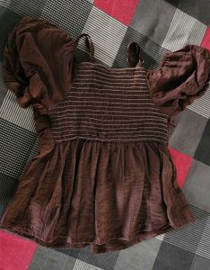 Brown Puff Sleeve Bardot Top