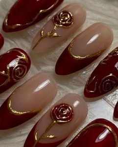 Elegant Red &amp; Gold Rose Press-On Nails
