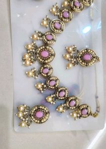 Elegant Pearl &amp; Pink Stone Jewellery Set