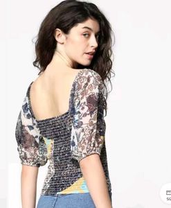 Chic Smocked Patchwork Print Square Neck Top