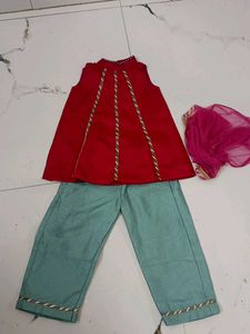 Red & Teal Kurta Set with Dupatta for kids