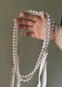 Y2K pearls, chain & ribbon tie up belt