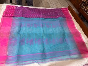 Beautiful Blue &amp; Pink Saree with Blouse piece atta