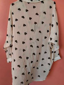 Sheer Heart Print Button-Up Shirt