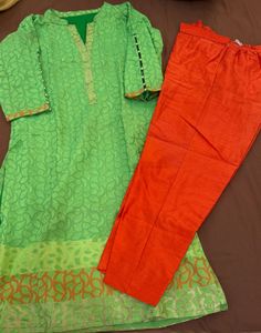 Green Kurta with Orange Pants Set