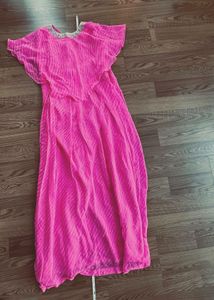 Vibrant leheriya pink dress with Embellished Neckl