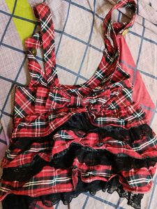 Red Plaid Ruffle Top with Lace Trim