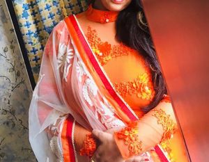 Stunning Orange Lace Embellished suit