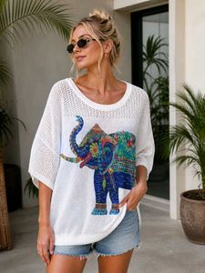 White Elephant Print Knit Top