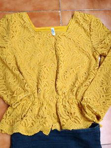 Mustard Yellow Lace  Top with high  waist jeans