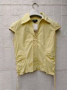 Korean Pintrest Yellow Lace-Up Embroidered Top