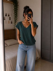 Solid Green V-Neck Casual Top