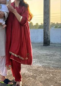 Elegant Red Kurta Set with Gold Trim