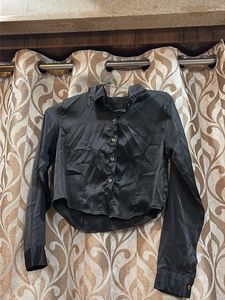 Sleek Black Satin Cropped Shirt