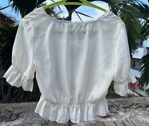 White Ruffled Square Neck Top