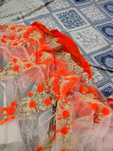 Vibrant Orange &amp; White saree with blouse pc