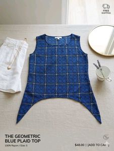 Geometric Blue Plaid Sleeveless Top