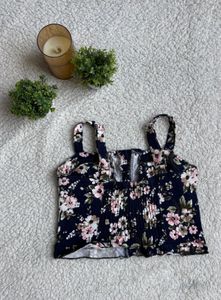 Chic Floral Print Smocked Crop Top