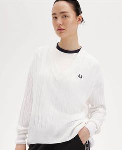 Fred Perry White Cable Knit V-Neck Sweater