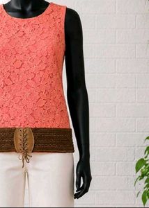 Coral Lace Sleeveless Top with Belt Detail