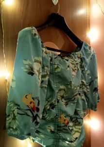 Light Blue Floral Print Off-Shoulder Top