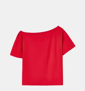 off shoulder red printed Tshirt