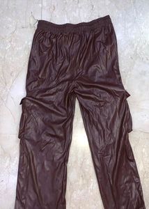 Brown Faux Leather Cargo Pants