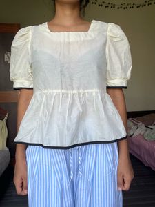 Cream Peplum Top with Puff Sleeves