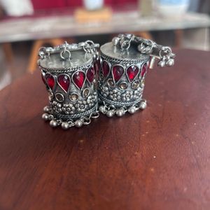Red &amp; Silver Jhumka Earrings