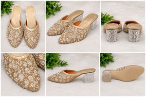 Embellished Gold Mules with Block Heels