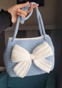 Cute Crochet Blue Handbag with Bow
