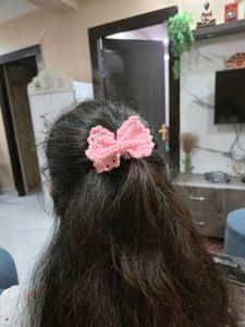 Handmade Pink Crochet Hair Bow rubber band