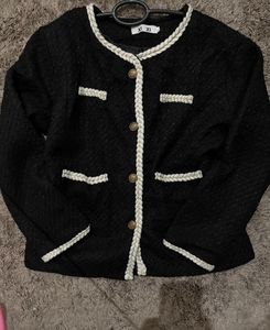 Elegant Black Tweed Jacket Wool Blend Vintage
