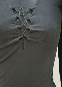 Black Ribbed Lace-Up Long Sleeve Top