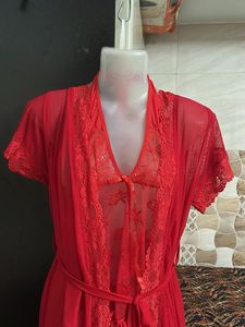 2 pies Sheer Red Lace Robe &amp; Lingerie Set