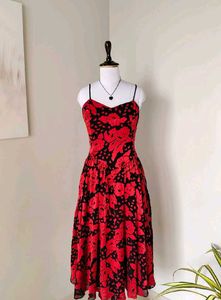 Red &amp; Black Floral Print Corset waist Dress